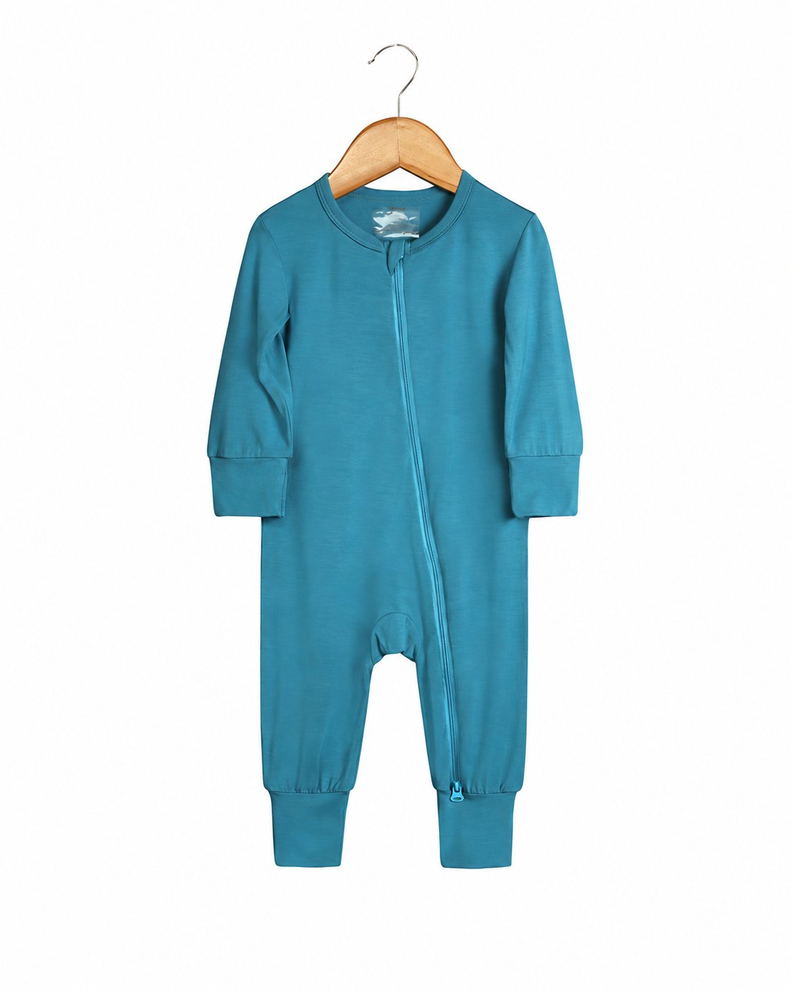 Teal Blue long-sleeve footless zip romper shown in the supplier product photo