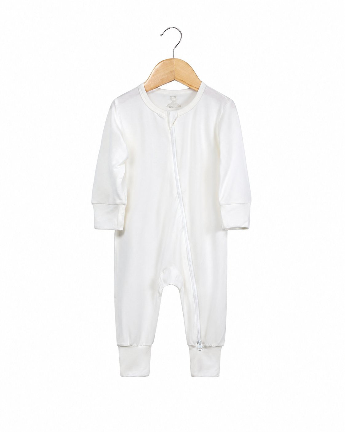 White long-sleeve footless zip romper shown in the supplier product photo
