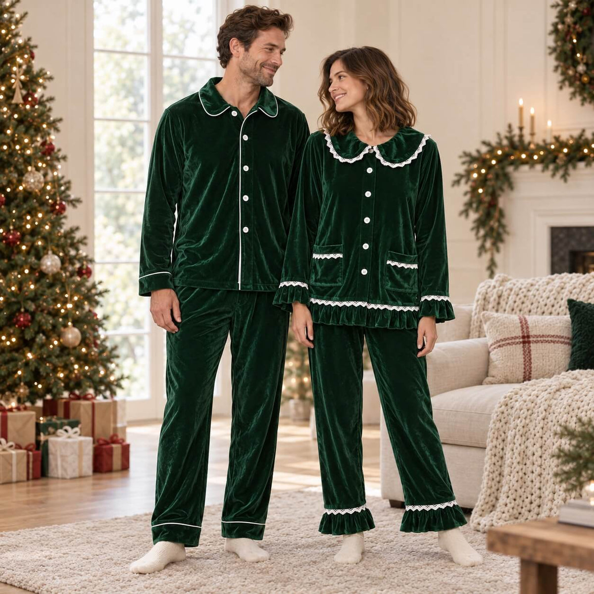 Couple wearing green velvet Christmas pajama sets with contrasting trim