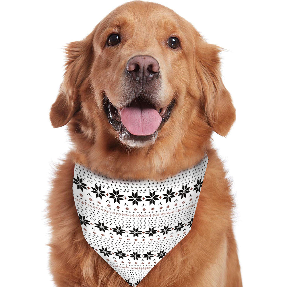 Golden Retriever wearing a matching white Fair Isle snowflake pet bandana scarf for Christmas.