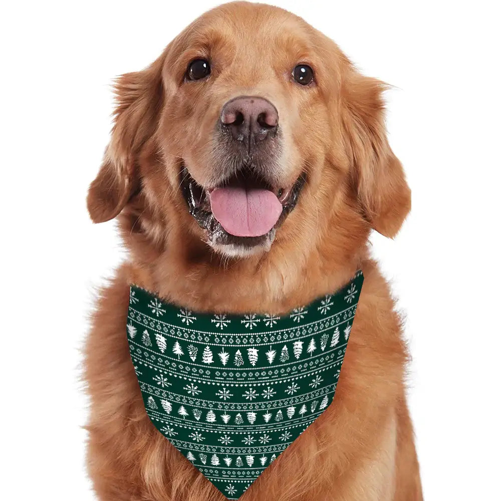 Golden Retriever dog wearing a matching green Fair Isle snowflake and tree pattern Christmas bandana accessory.