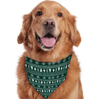 Golden Retriever dog wearing a matching green Fair Isle snowflake and tree pattern Christmas bandana accessory.