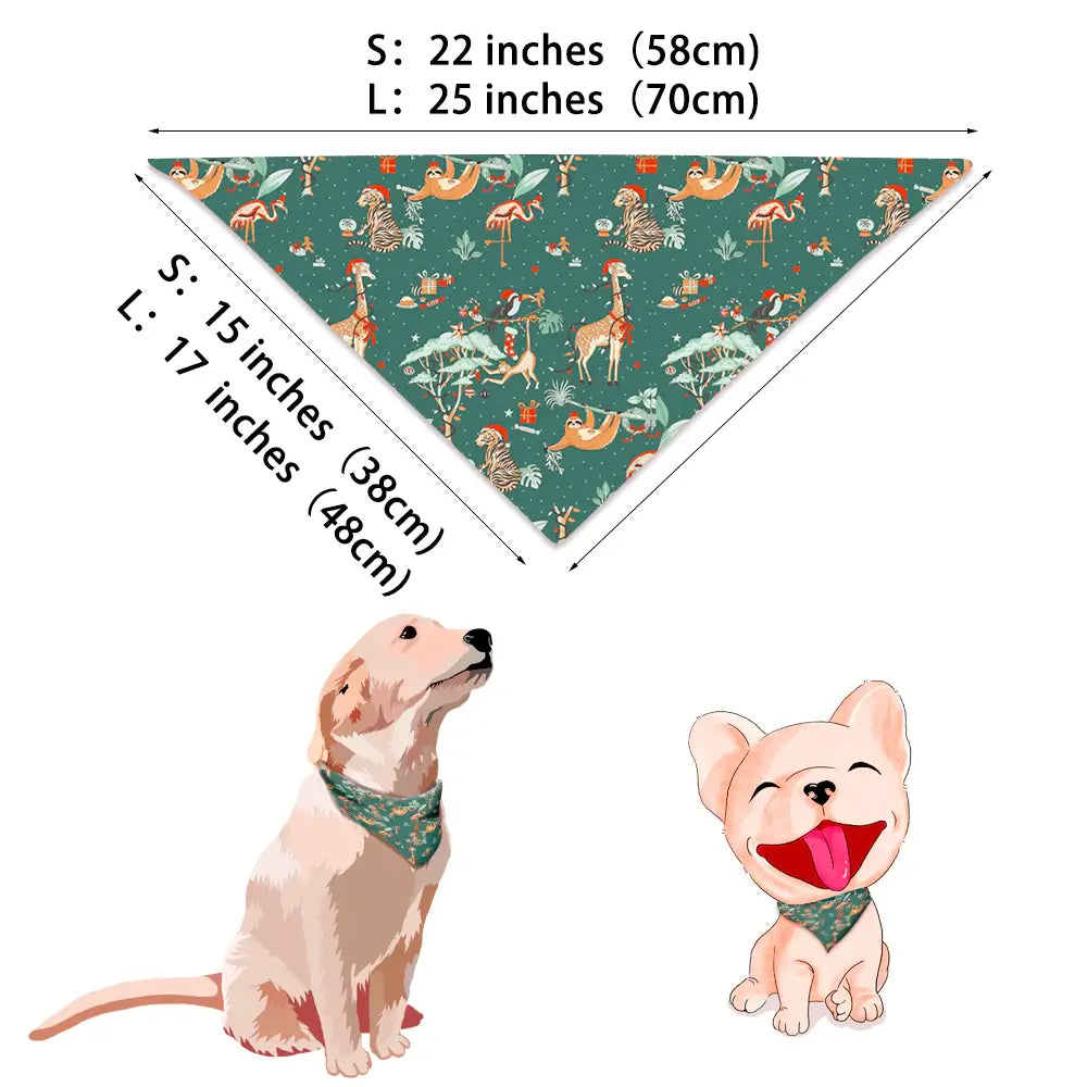 Pet bandana sizing chart in small and large dimensions for matching dog Christmas holiday accessory.