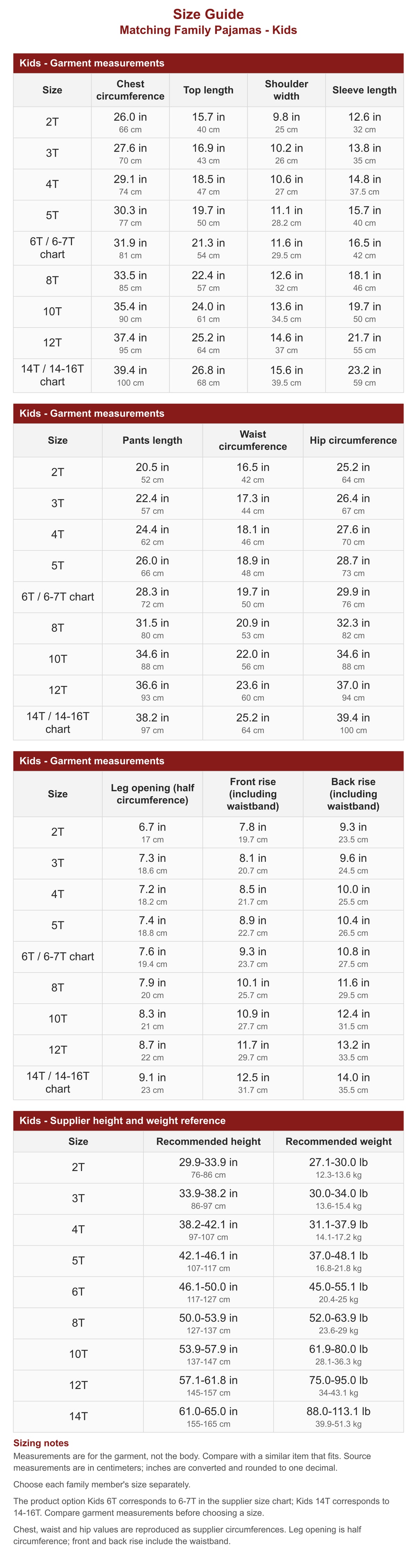 Kids' cotton flannel plaid pajama size chart with garment measurements in inches and centimeters, height and weight guidance, and size label equivalents.