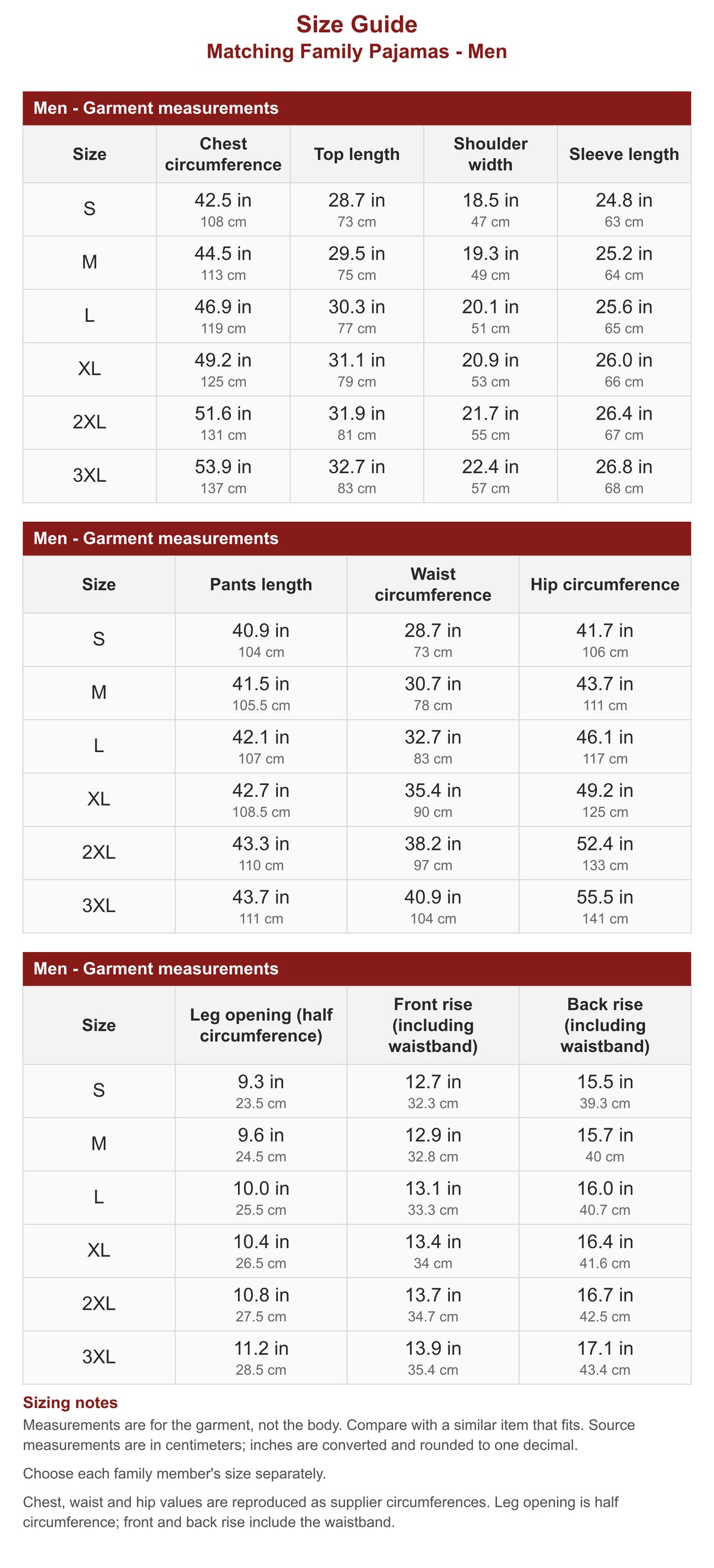 Men's cotton flannel plaid pajama size chart with garment measurements in inches and centimeters.