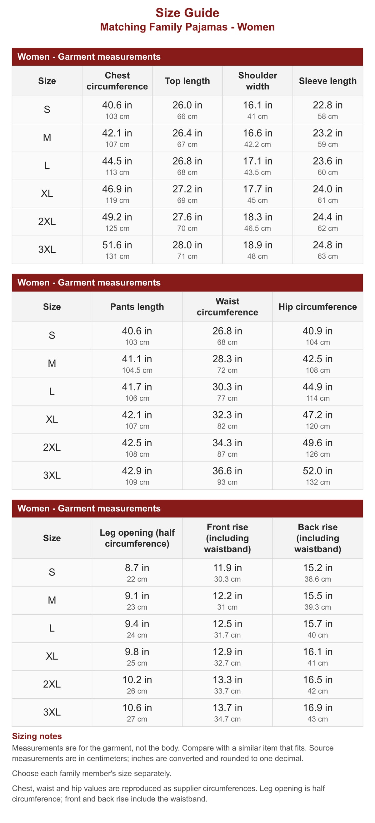 Women's cotton flannel plaid pajama size chart with garment measurements in inches and centimeters.