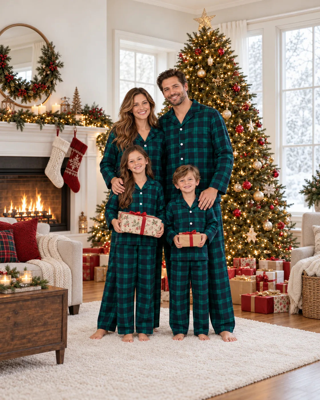 Family of four in matching green and black plaid pajamas holding gifts beside a decorated Christmas tree.