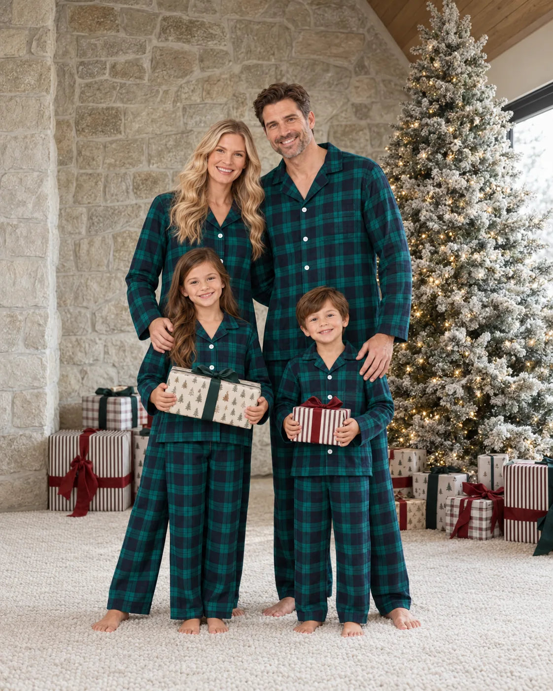 Family of four in matching green and black plaid pajamas holding gifts beside a snow-covered Christmas tree and a stone wall.