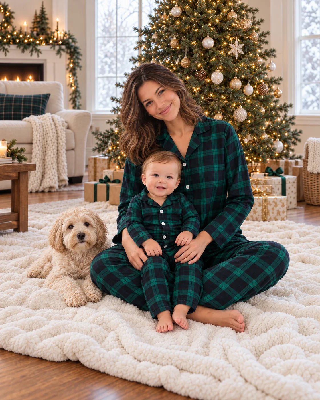 Mother and baby wearing matching green and black plaid pajamas, seated beside a Christmas tree with a cream-colored dog.