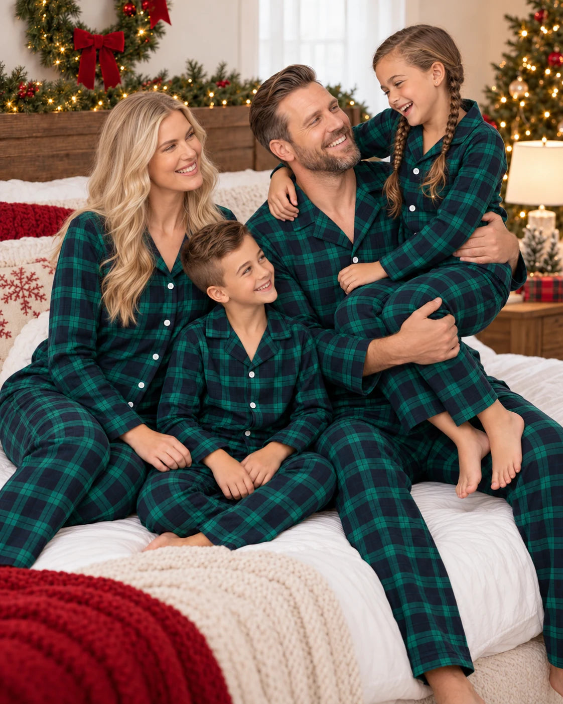 Family of four in matching green and black plaid pajamas on a bed, with the father holding his daughter.