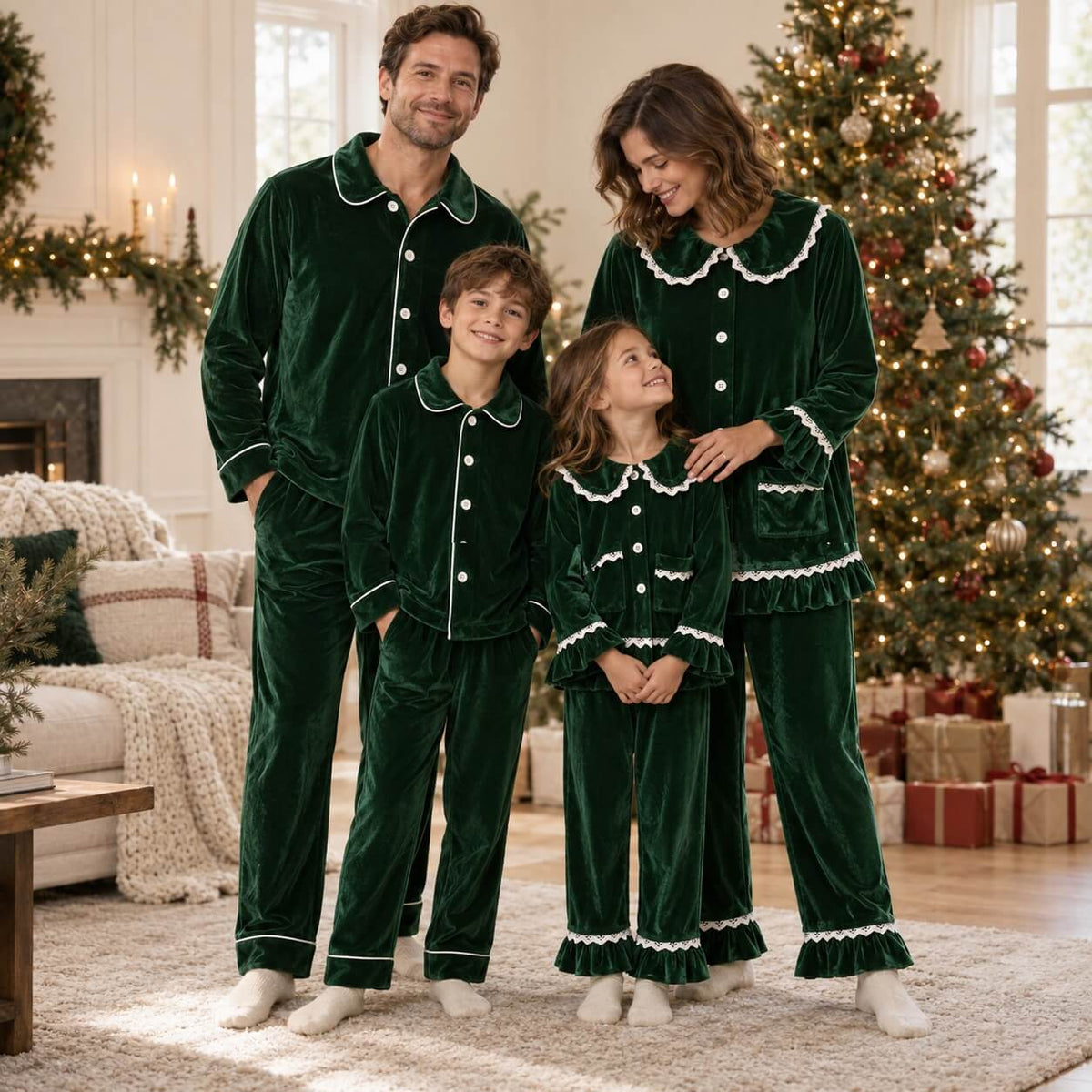 Family wearing matching green velvet Christmas pajamas and a girls' nightgown beside a Christmas tree