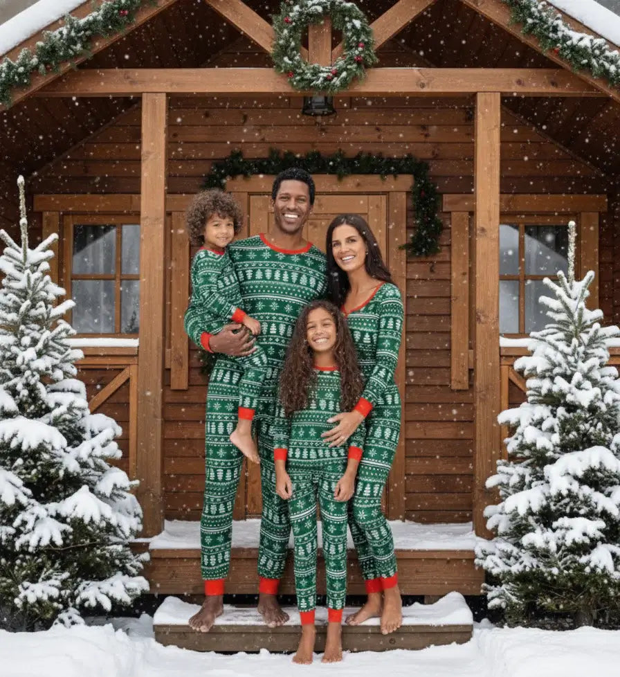 Smiling family standing on a snowy log cabin porch wearing matching green and red Fair Isle Christmas pajamas during winter snowfall.