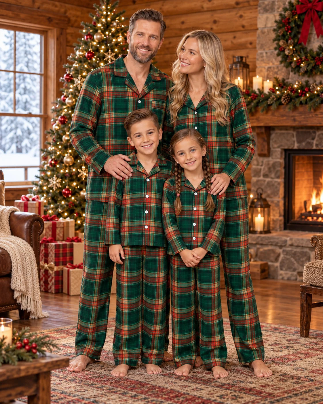 Family of four wearing green tartan pajamas beside a Christmas tree and cabin fireplace.
