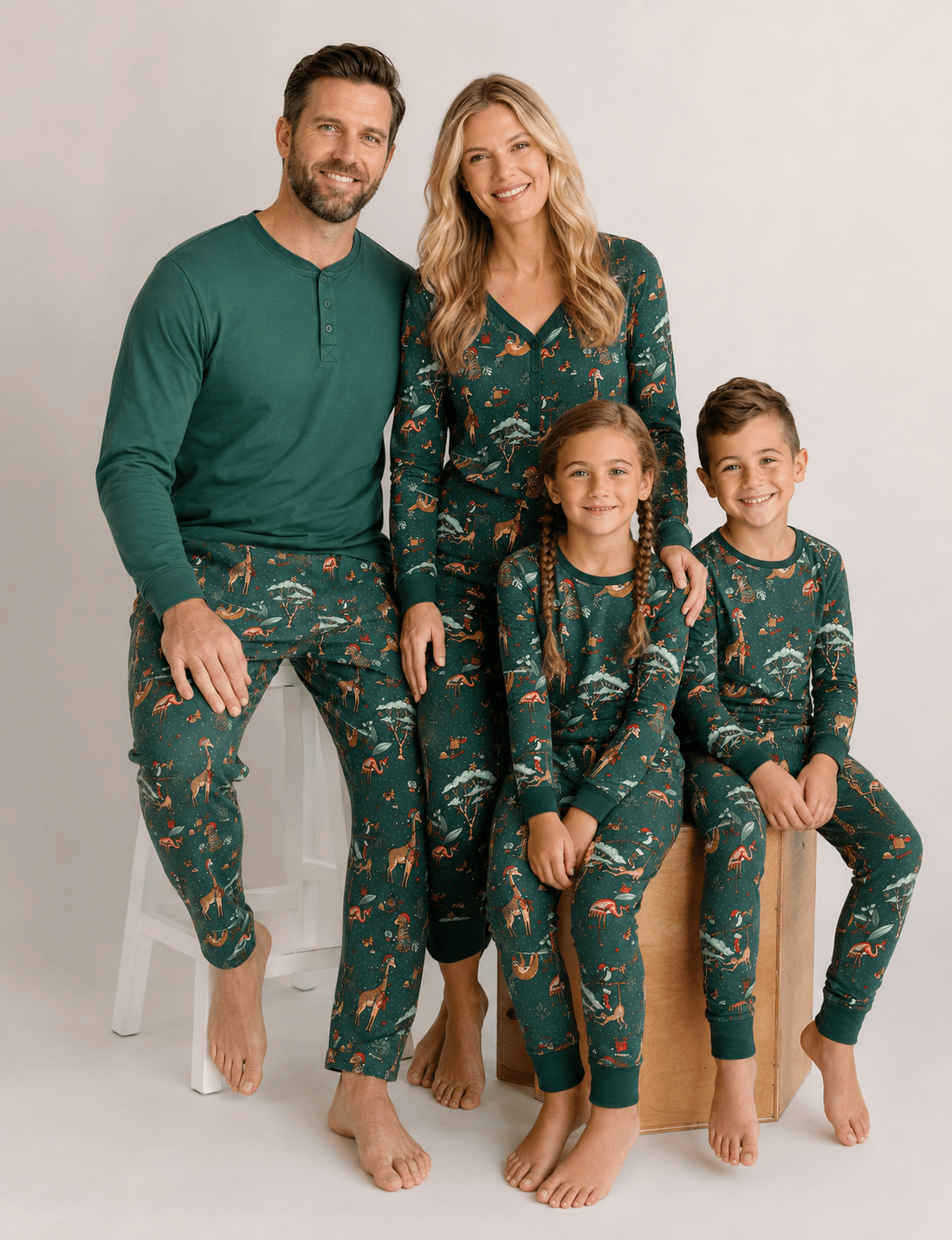 Family posing in dark teal animal-print pajamas, with dad wearing a solid teal Henley and matching printed pants.