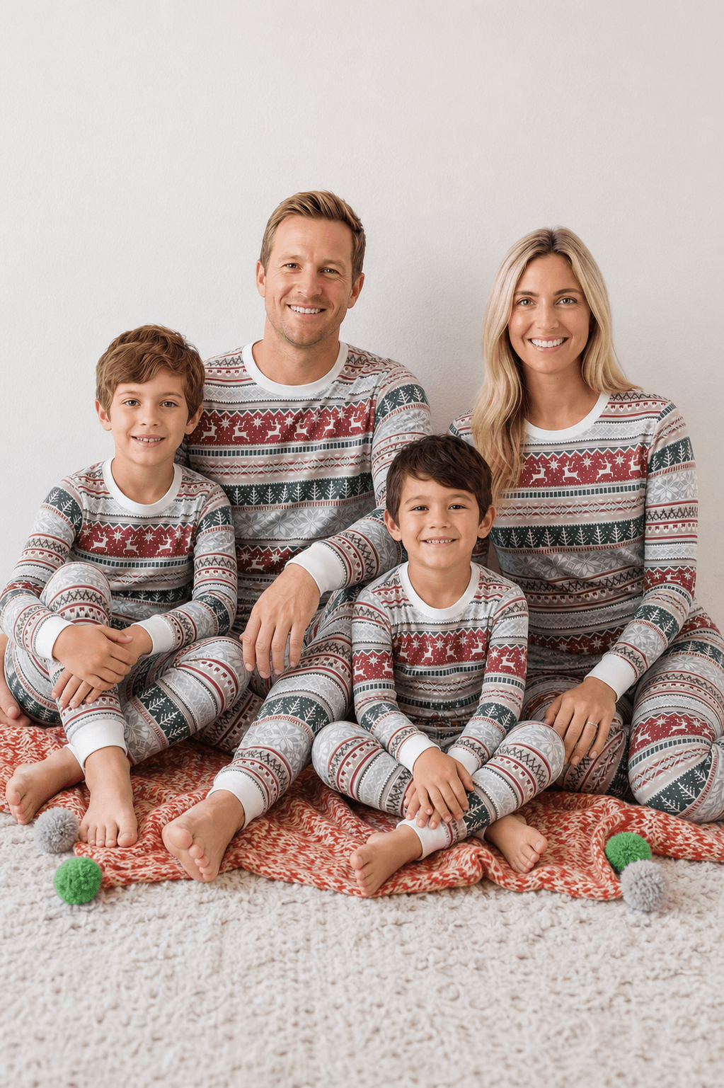 Family sitting on a red blanket in light grey Fair Isle Christmas pajamas, with red and green yarn balls nearby.
