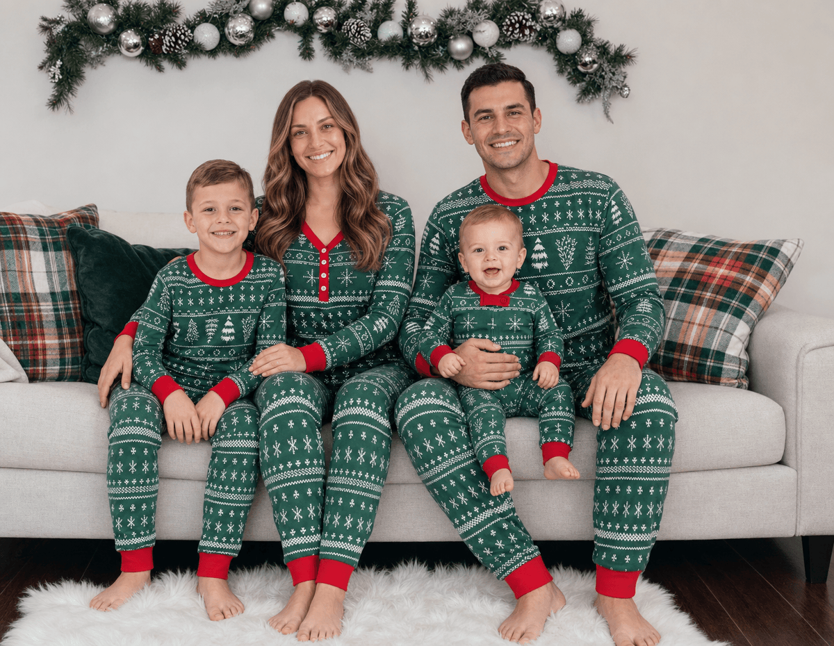 Parents, a boy and a baby on a sofa beneath a garland in green Christmas pajamas with white motifs and red trim.