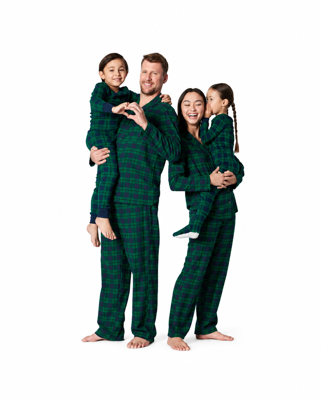 Family wearing forest green plaid matching Christmas pajamas.