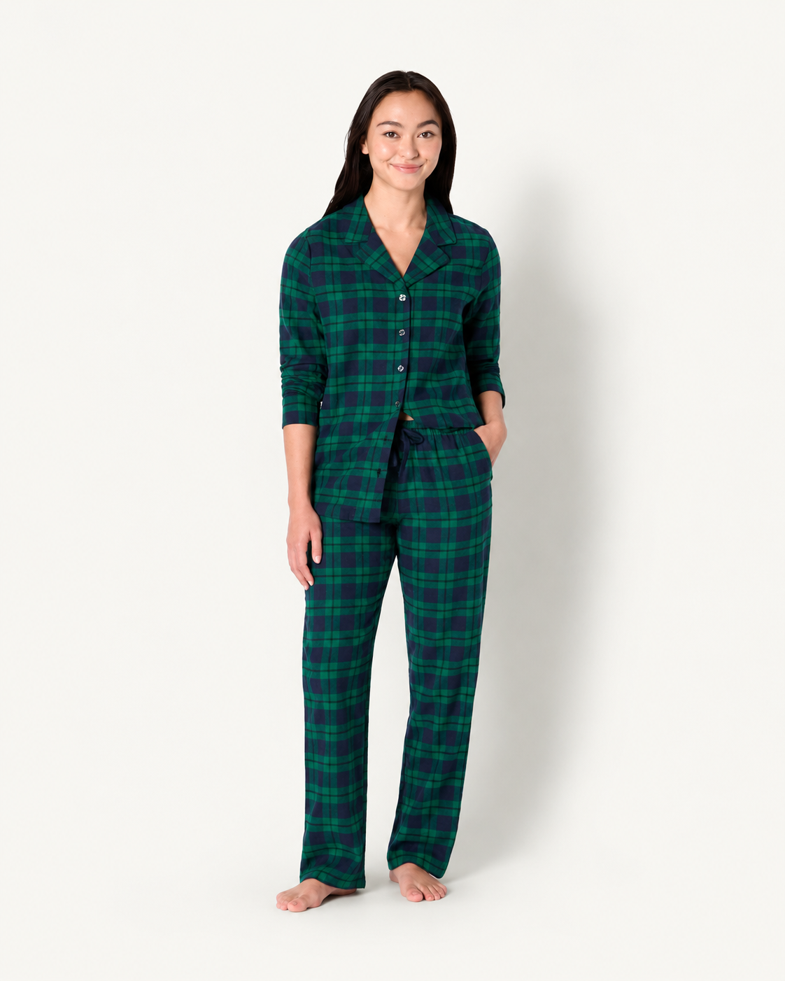 Front view of women's forest green plaid button-front pajama top and long pants.