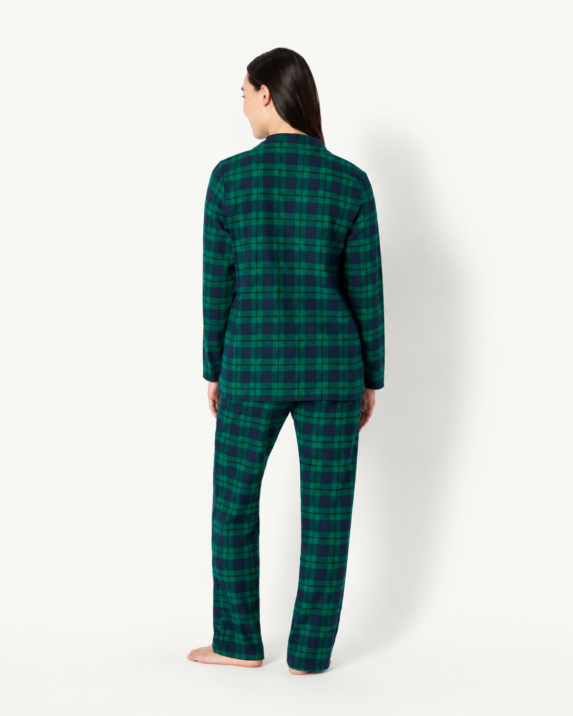 Back view of women's forest green plaid long-sleeve pajama set.