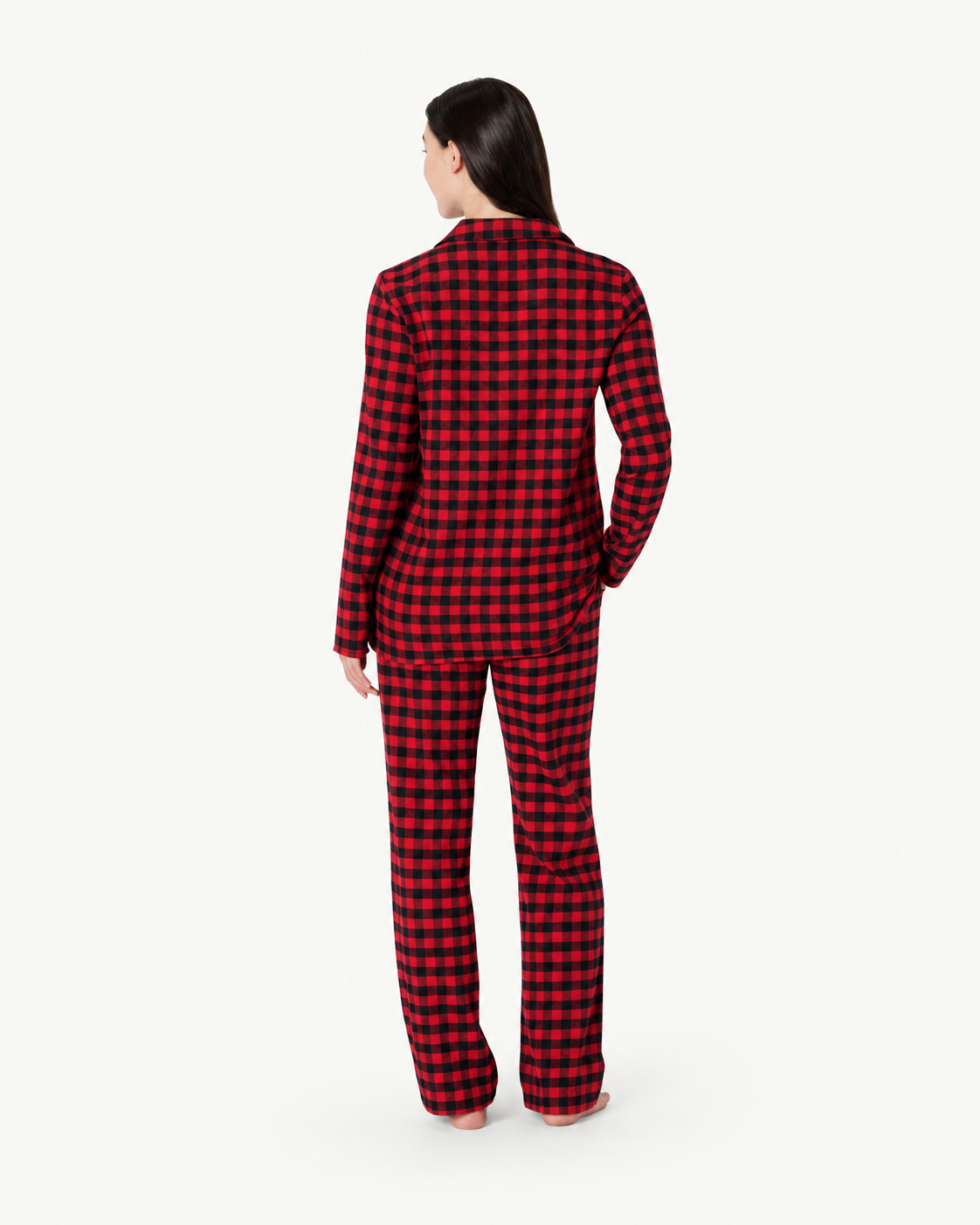 Back view of women's red and black check pajama top and pants.