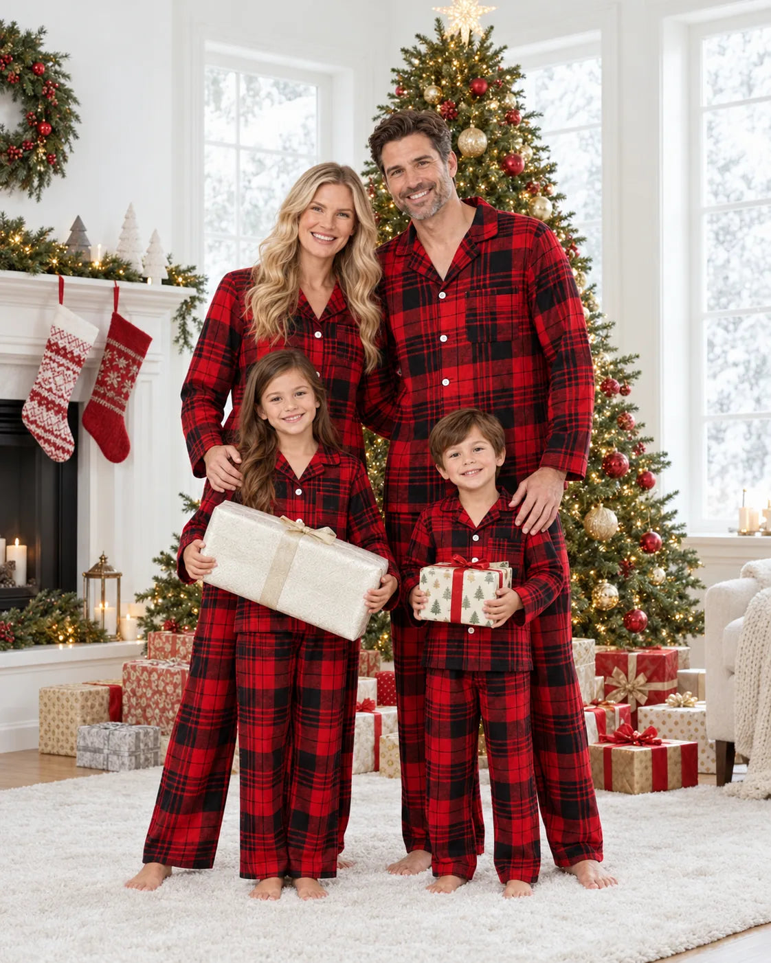 Family of four in matching red and black plaid pajamas holding gifts beside a decorated Christmas tree.
