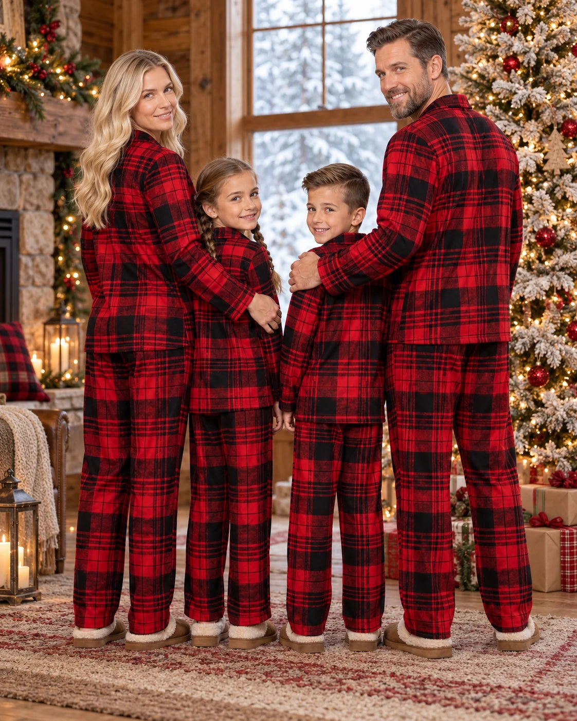 Back view of a family of four in red and black plaid pajamas in a Christmas-decorated cabin.