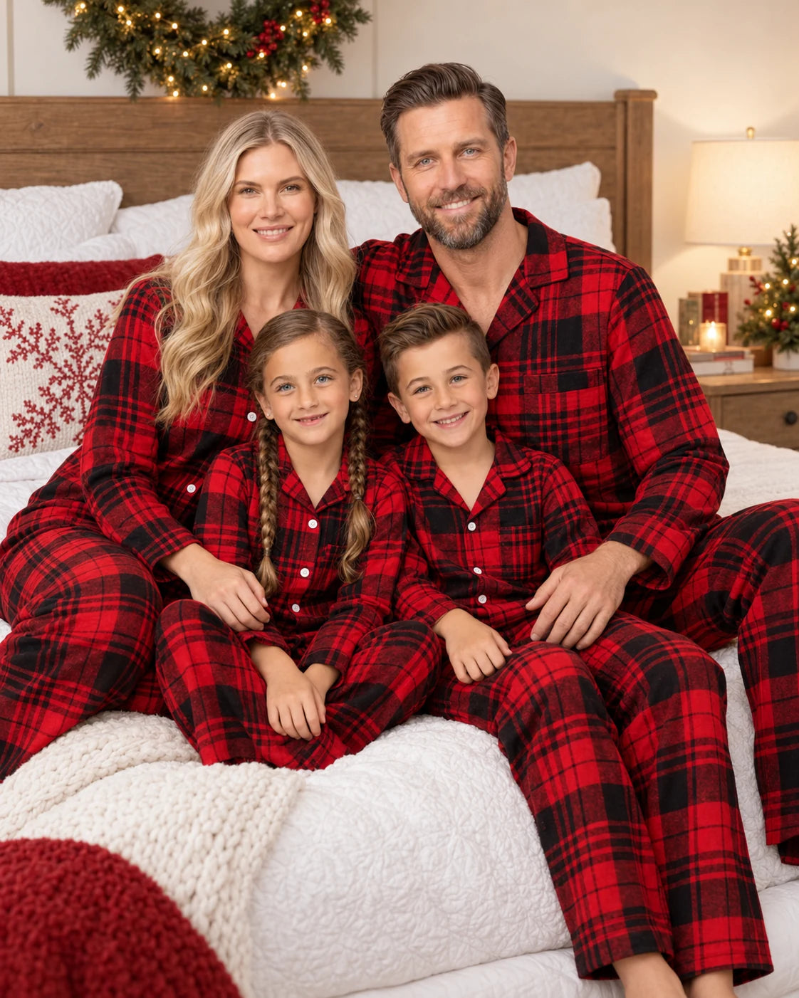 Family of four wearing matching red and black plaid pajamas on a bed with Christmas decor.