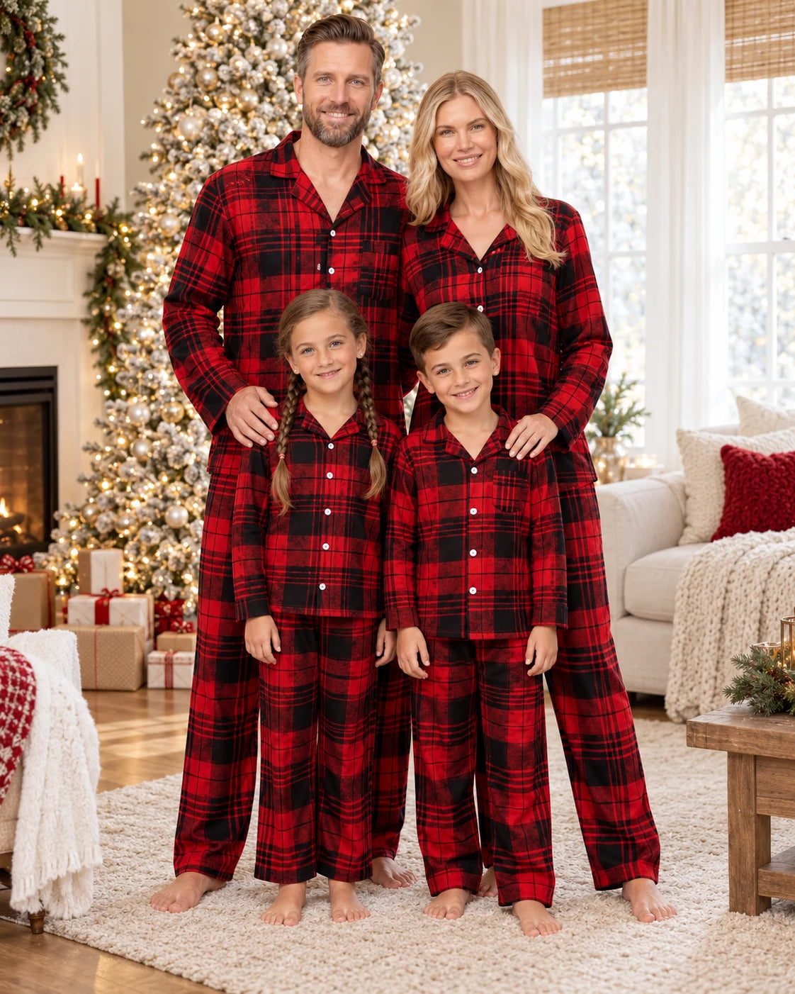 Family of four in matching red and black plaid pajamas beside a decorated Christmas tree.