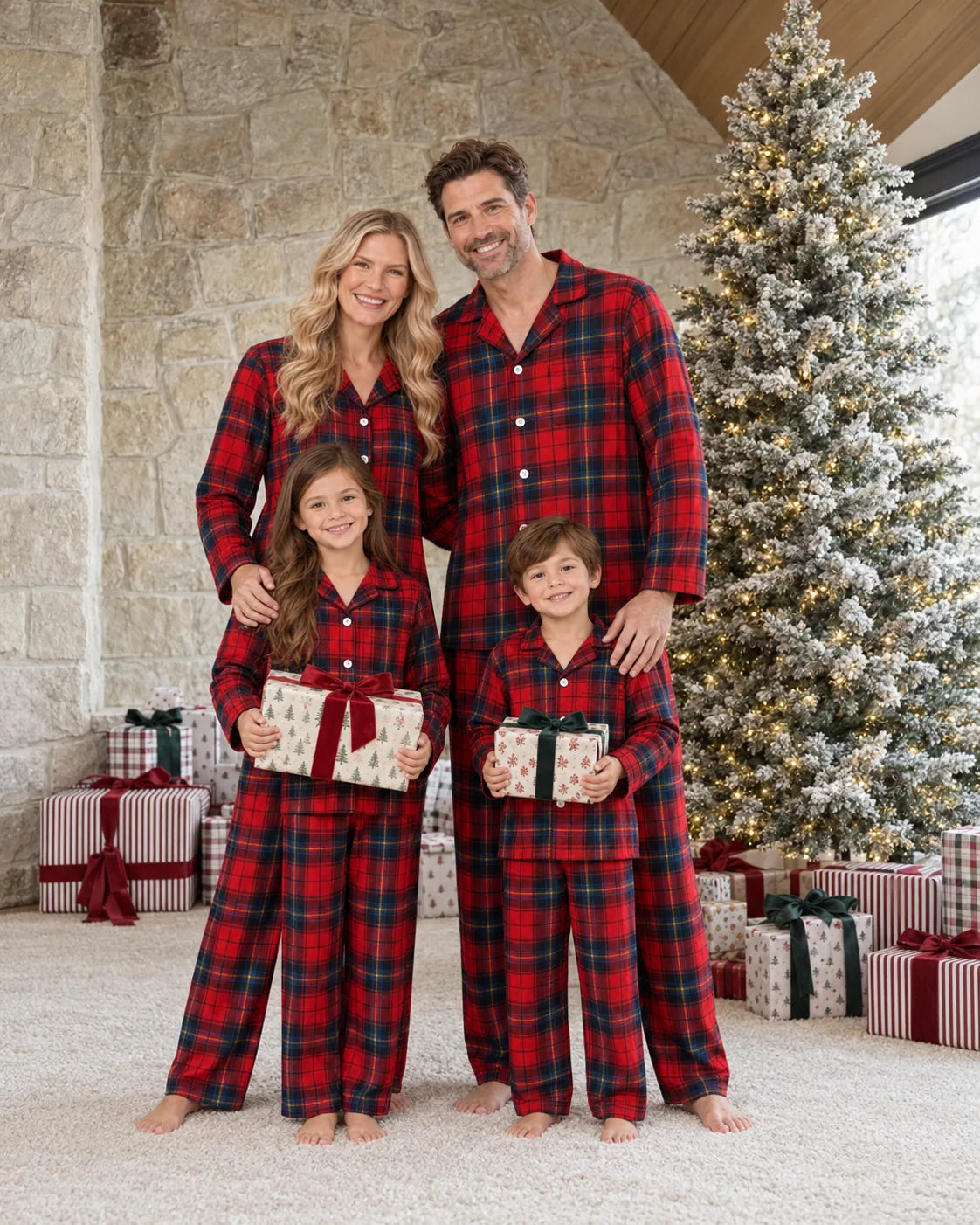 Family of four in matching red and blue plaid pajamas holding gifts beside a snow-covered Christmas tree and a stone wall.