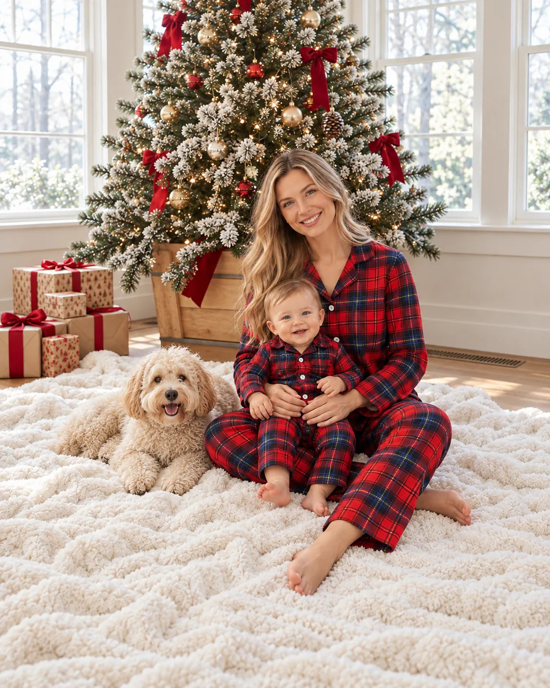 Mother and baby wearing matching red and blue plaid pajamas, seated beside a Christmas tree with a cream-colored dog.