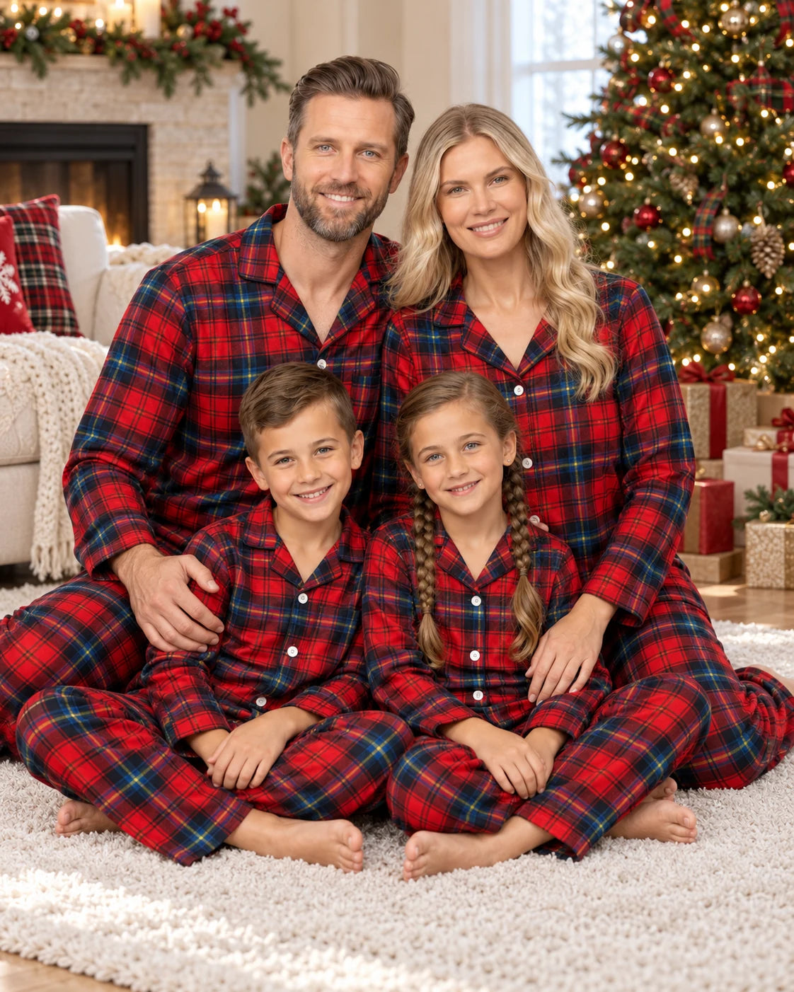 Family of four in matching red and blue plaid pajamas seated on a rug beside a Christmas tree.
