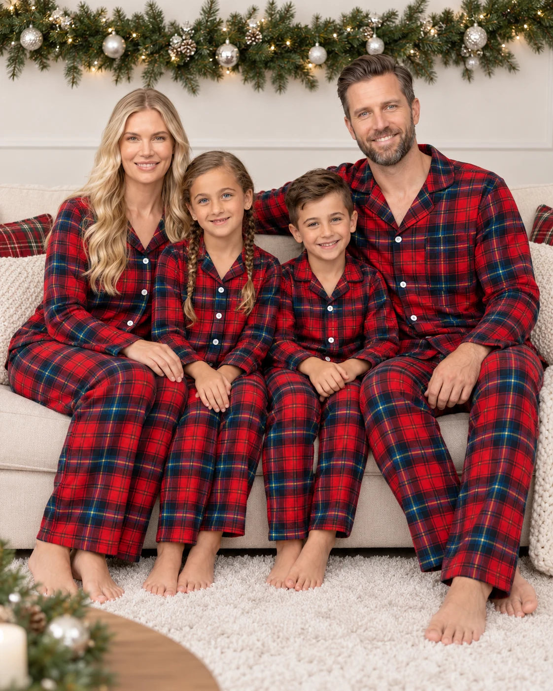 Family of four wearing red and blue plaid pajamas on a sofa beneath a Christmas garland.