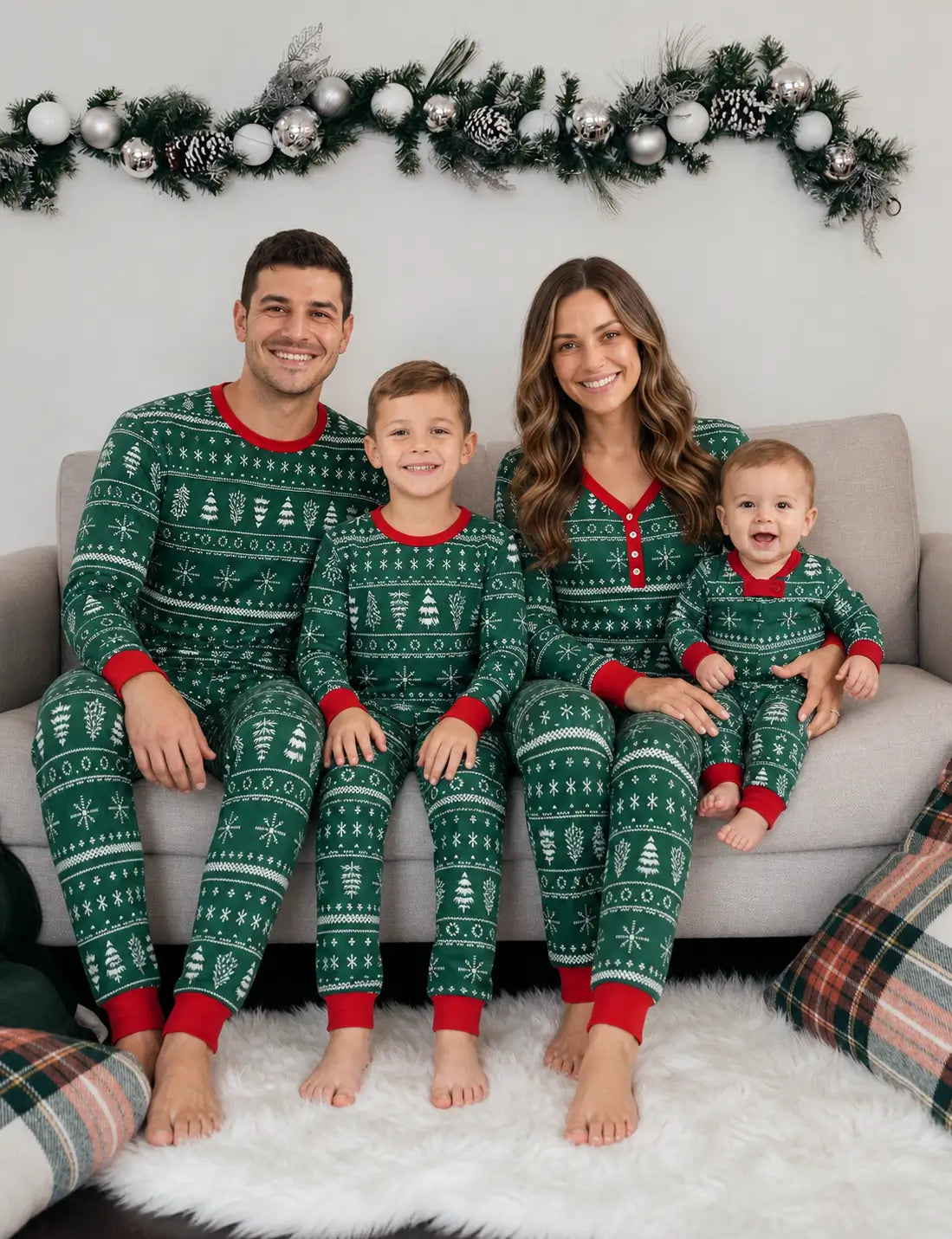 Family seated on a sofa under a holiday garland in green tree-and-snowflake pajamas with red neckline and cuffs.