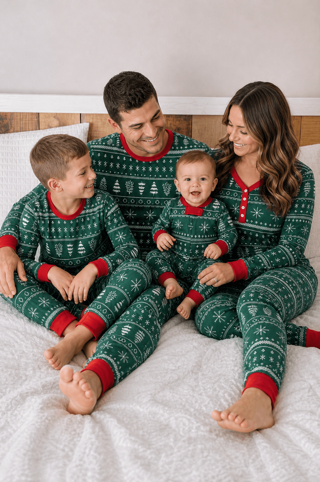 Family relaxing on a white bed in green Christmas pajamas with white trees, snowflakes and red cuffs.