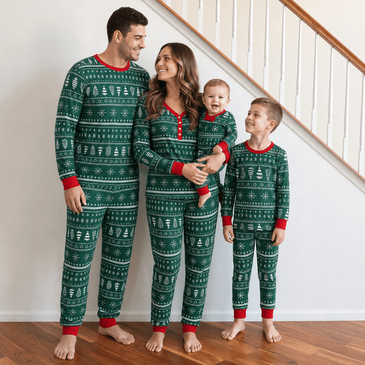 Family standing beside a staircase in matching green Christmas pajamas with white tree and snowflake motifs.