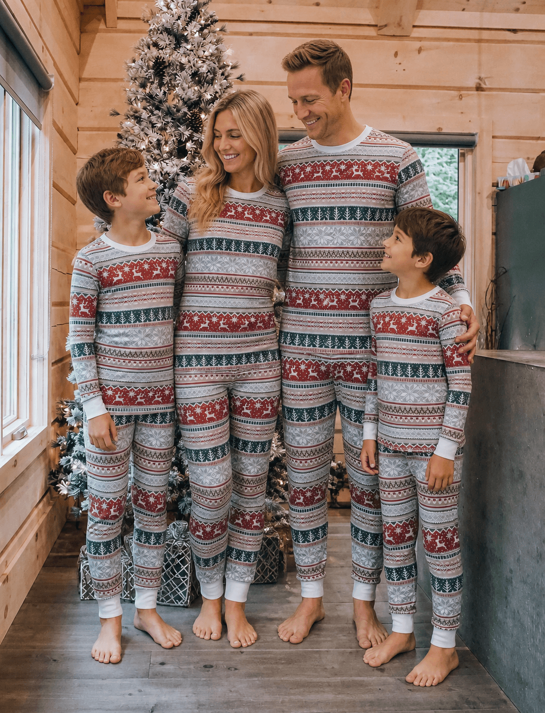 Family in a wood-paneled room wearing matching light grey Fair Isle Christmas pajamas beside a snowy tree.