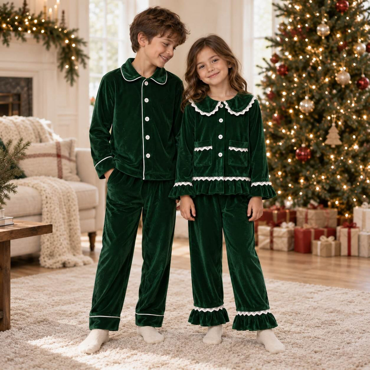 Children wearing matching green velvet Christmas pajamas beside wrapped gifts
