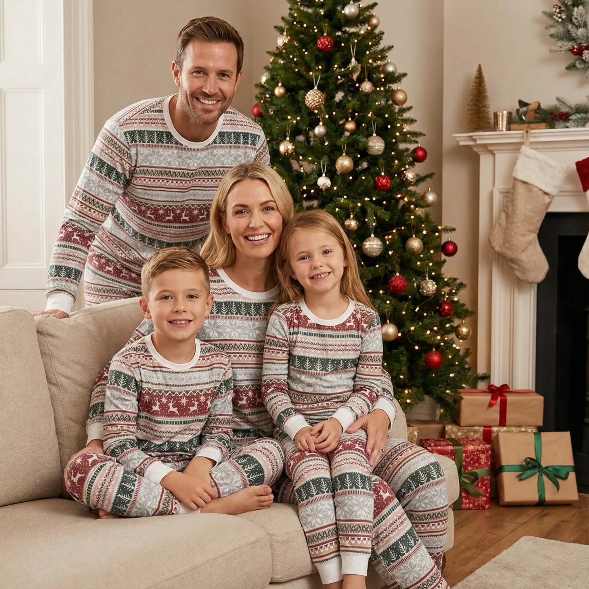 Parents and two children sitting on a beige couch in front of a festive Christmas tree, wearing matching grey and red Fair Isle holiday sleepwear sets.