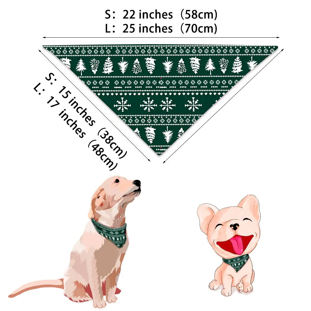 Size chart and dimension guide for matching dog Christmas bandana showing Small and Large measurements with dog illustrations.