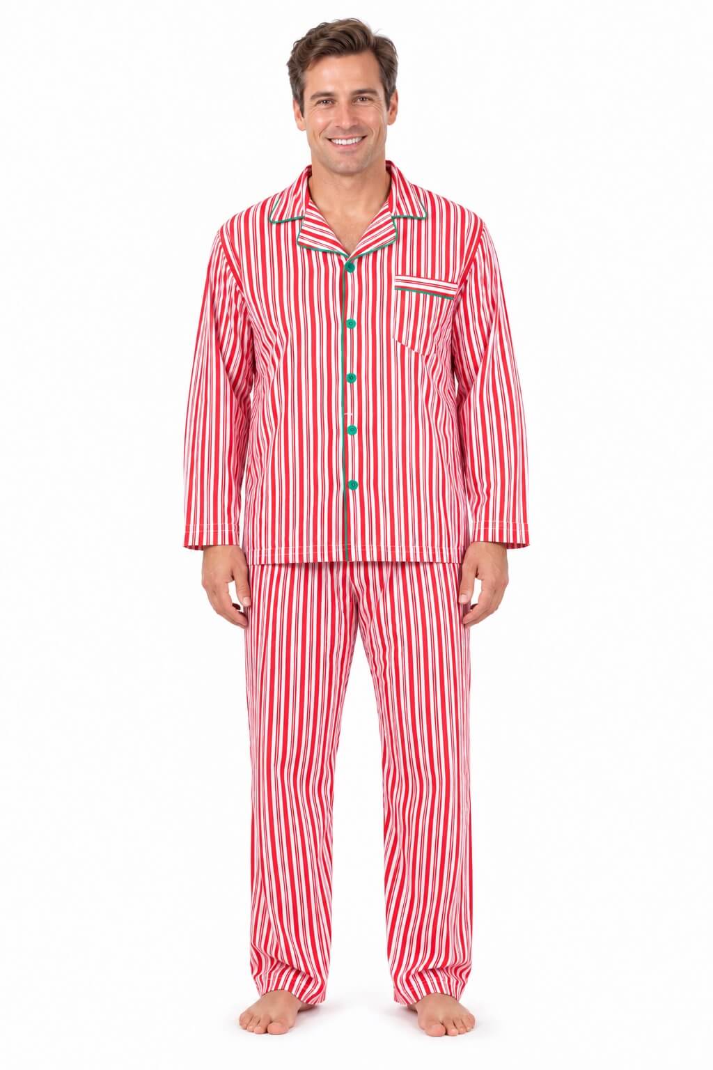 Man wearing red and white vertical-striped button-up pajamas with green piping and buttons.