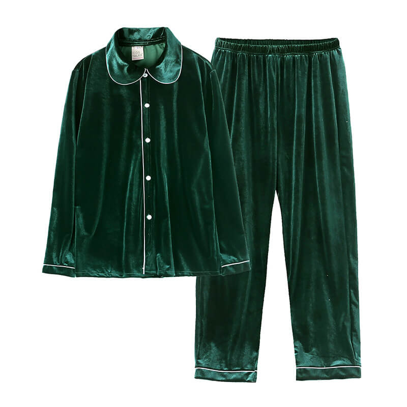 Men's green velvet button-front pajama top and matching pants