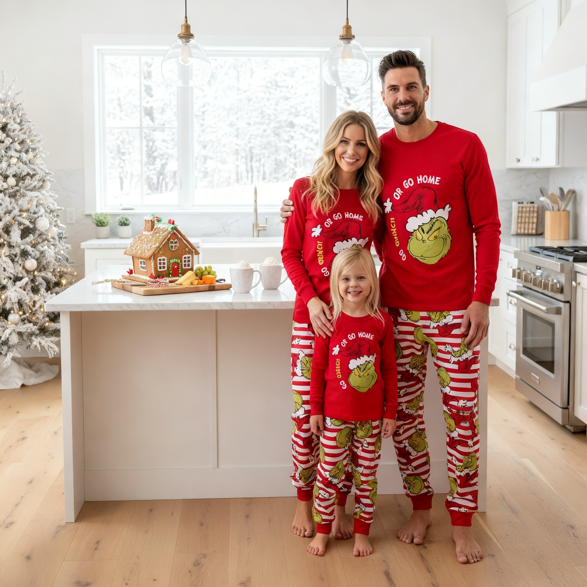 Family wearing red Grinch tops and red-and-white striped Christmas pajama pants in a decorated kitchen