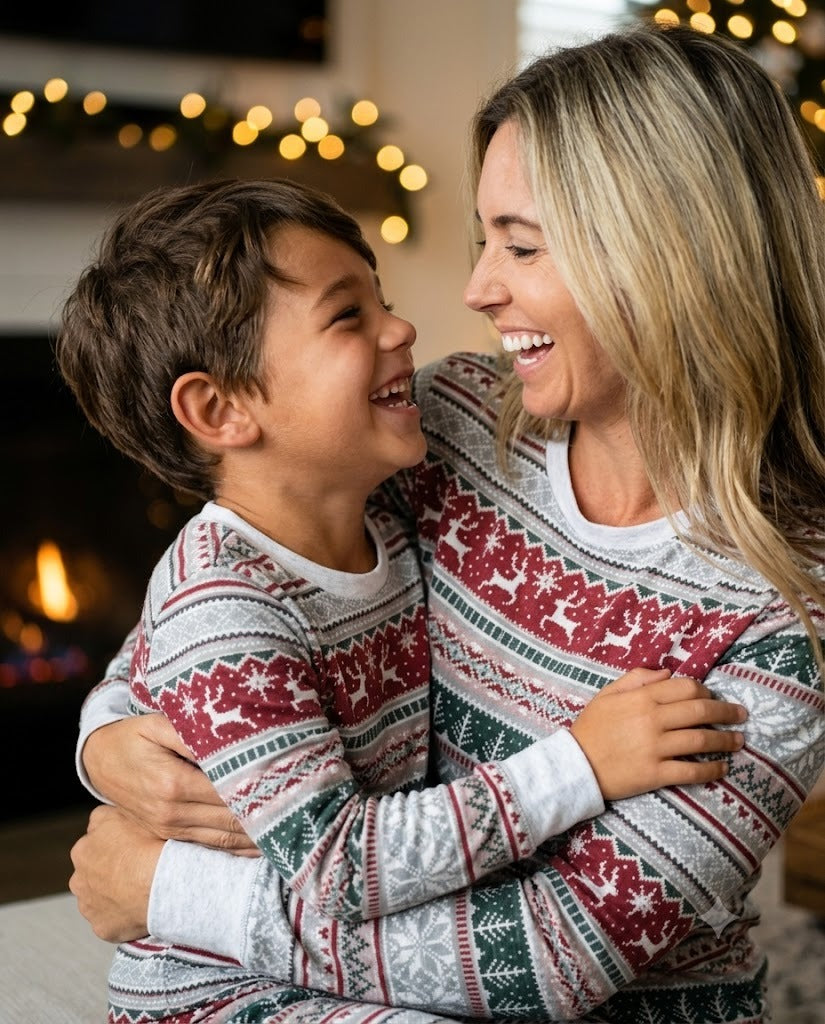Mother and son laughing face to face in grey Christmas pajamas with red reindeer bands, beside a lit fireplace.