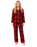 Women's red and black plaid button-front pajama shirt and long pants, front view on a white background.
