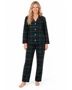 Women's dark green tartan button-front pajama shirt and long pants, front view on a white background.