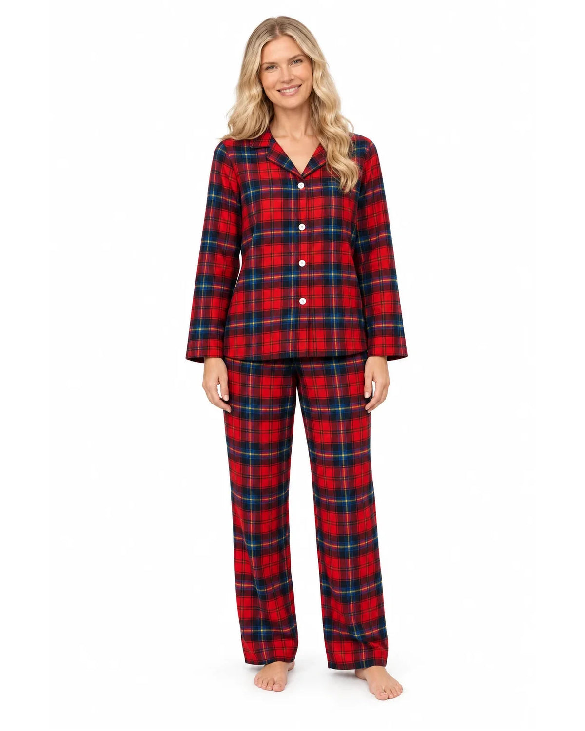 Women's red and blue plaid button-front pajama shirt and long pants, front view on a white background.