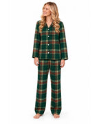 Women's light green tartan button-front pajama shirt and long pants on a white background.