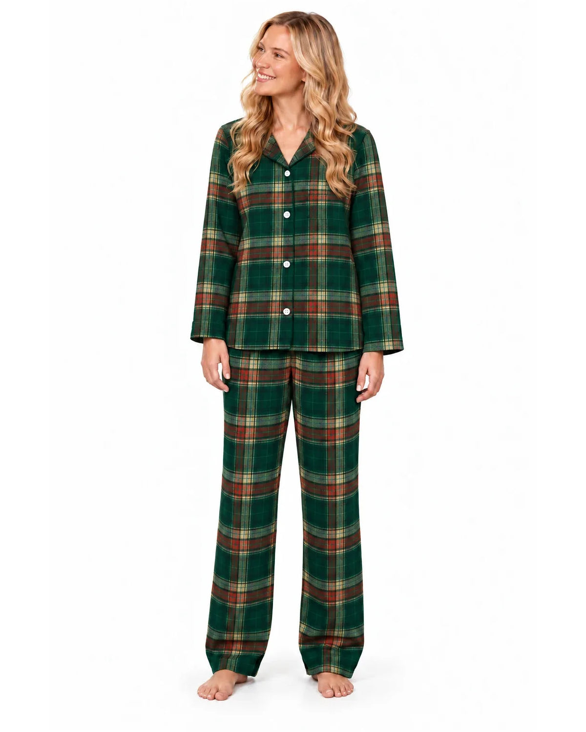 Women's light green tartan button-front pajama shirt and long pants on a white background.