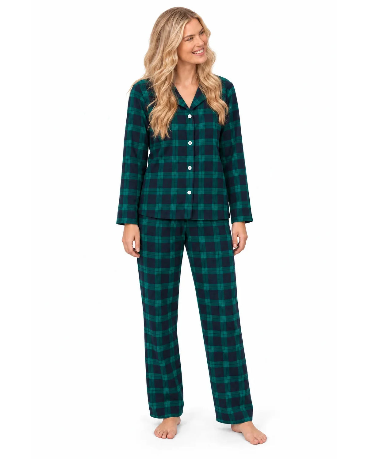 Women's green and black plaid button-front pajama shirt and long pants on a white background.