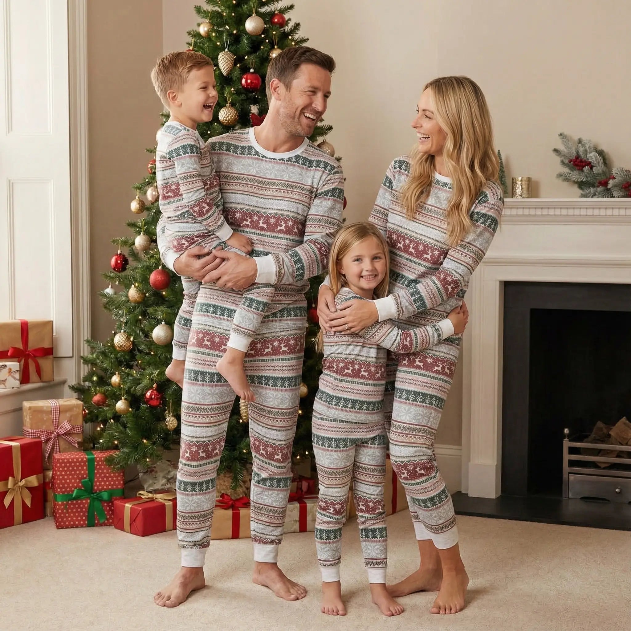 Family of four standing near a decorated Christmas tree wearing matching grey Nordic Fair Isle reindeer print pajamas with white ribbed cuffs.